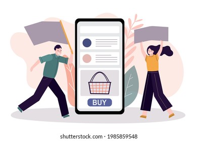 Employees announce sales and discounts in online store. Cartoon characters with placards. Mobile application for shopping on smartphone screen. E-commerce and advertisement. Flat vector illustration