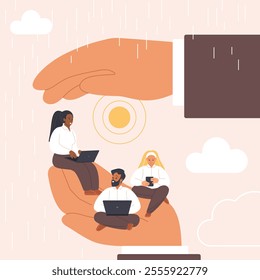 Employees assistance and care, wellbeing protection office program. Hands of employer protect and hold corporate company community and sun, happy tiny people working cartoon vector illustration