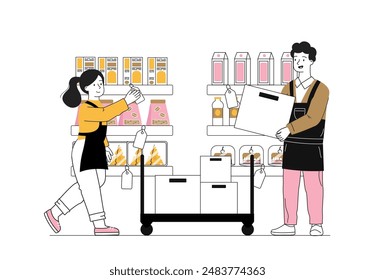 Employees in bakery store. Man and woman near milk and bakery and pastry food. Merchandisers in supermarket. Sellers with products. Linear vector illustration isolated on white background