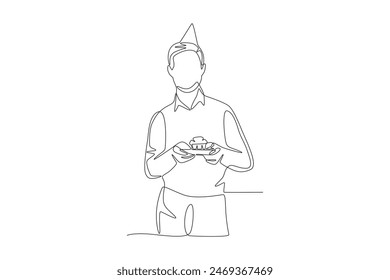 Empleados recibiendo torta en una fiesta en la oficina. Concepto de Office parties dibujo de una línea