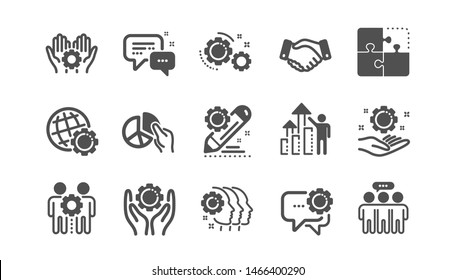Employees benefits icons. Business strategy, handshake and people collaboration. Teamwork, social responsibility, people relationship icons. Classic set. Quality set. Vector