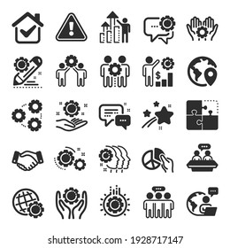 Employees benefits icons. Business strategy, handshake and people collaboration. Teamwork, social responsibility, people relationship icons. Growth chart, employees benefits. Flat icon set. Vector