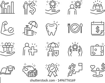 Employees benefits line icon set. Included icons as Teamwork, people relationship, Growth chart, staff perks, insurance and more.