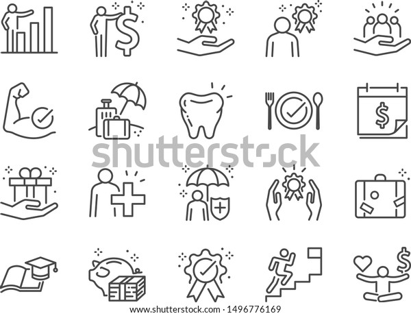 Employees benefits line icon set. Included icons as\
Teamwork, people relationship, Growth chart, staff perks, insurance\
and more.