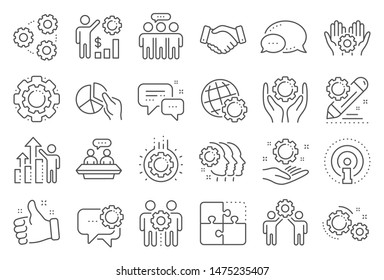 Employees benefits line icons. Business strategy, handshake and people collaboration. Teamwork, social responsibility, people relationship icons. Growth chart, employees benefits. Vector