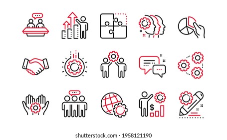 Employees benefits line icons. Business strategy, handshake and people collaboration. Teamwork, social responsibility, people relationship icons. Linear set. Linear set. Quality line set. Vector