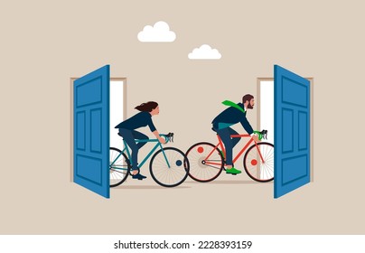 Employees with Bicycle resign and walk through exit door. Great resignation, employee resign, quit or leaving company, people management or human resources problem concept