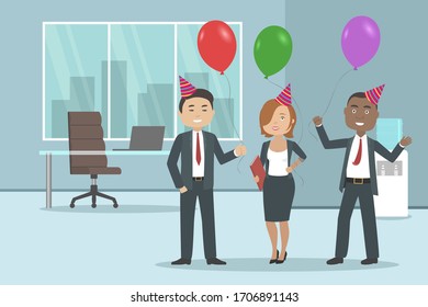 Employees in birthday hats hold helium balloons. Vector illustration.