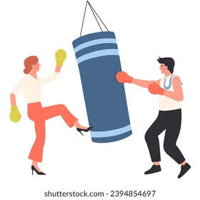 Employees boxing in office interior isolated vector illustration. Cartoon man and woman fighters in gloves hitting punching bag at corporate training, angry fight and challenge of two crazy characters
