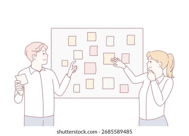 Brainstorm de funcionários engajados em pensamento criativo no escritório. Empresários trabalham com tarefas de planejamento de adesivo juntos na reunião. Conceito de trabalho em equipe. Ilustração vetorial.