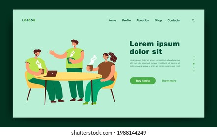 Employees brainstorming during coffee break. Office people meeting at table with hot drinks and laptops and talking. Vector illustration for teamwork, working together, cooperation concept