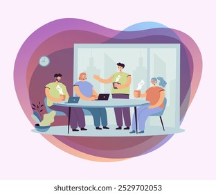 Employees brainstorming during coffee break. Office people meeting at table with hot drinks and laptops and talking. Vector illustration for teamwork, working together, cooperation concept