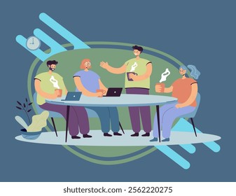 Employees brainstorming during coffee break. Office people meeting at table with hot drinks and laptops and talking. Vector illustration for teamwork, working together, cooperation concept