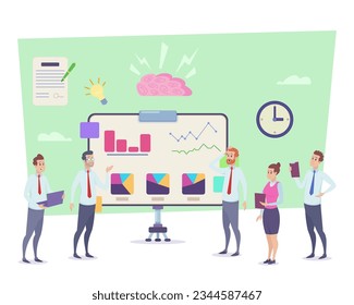 Employees brainstorming next to board vector illustration. Cartoon drawing of office workers analyzing budget or financial report. Business, brainstorming, teamwork, finances concept