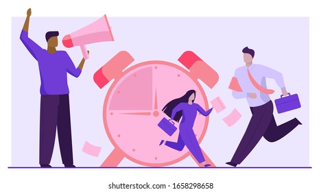 Employees with briefcases running. Alarm clock, hurry, manager shouting at megaphone flat vector illustration. Time management, deadline concept for banner, website design or landing web page