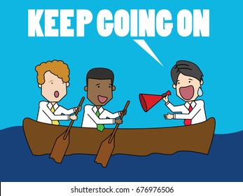 Employees bring team moves to success. keep going by boat. Flat funny vector wide style.