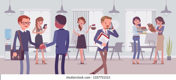 Employees busy in the office. Group of business people working in a room, businessmen and businesswomen meet colleagues, perform professional activity in positive corporate mood. Vector illustration