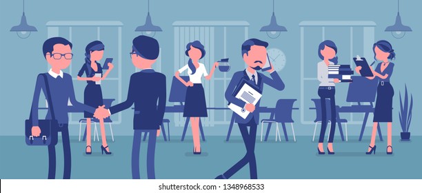 Employees busy in the office. Group of business people working in room, businessmen meet colleagues, perform professional activity in positive corporate mood. Vector illustration, faceless characters