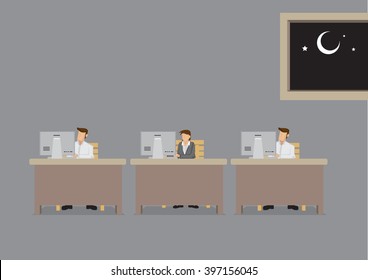 Employees busy working in front of computer in office at night. Vector cartoon illustration on concept for working overtime or long extended work hours isolated on plain background.