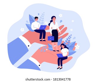 Employees care concept. Giant human hands holding and supporting tiny business professionals. Vector illustration for trade union, corporate insurance, employees wellbeing, benefits topics