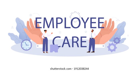 Employees care typographic header. Trade union idea. Employees wellbeing or intersets regulation and protection. Corporate insurance, career development. Isolated flat vector illustration