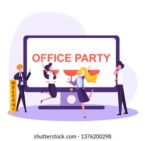 employees celebrate together a holiday, fun pastime in the office, friendly team having fun, vector image, colorful illustration with characters