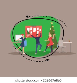 Employees celebrating Christmas in office vector illustration. Man and women dancing near decorated Xmas tree. New Year, business, holiday, celebration concept for banner or website design