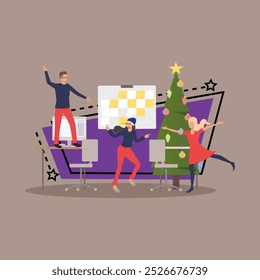 Employees celebrating Xmas in office flat vector illustration. Man and women dancing near decorated Christmas tree. New Year, business, holiday, celebration concept for banner or web design