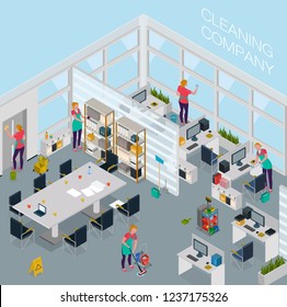 Employees of cleaning service with professional equipment during work in office isometric vector illustration