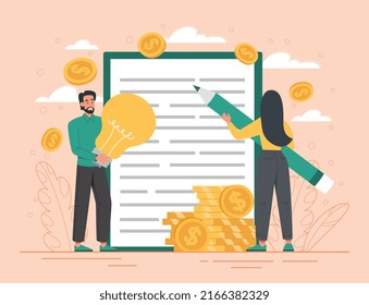 Employees with clipboard. Man with light bulb and girl with pencil set goals and write down ideas. Brainstorming and creative personalities. Financial literacy. Cartoon flat vector illustration