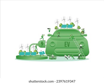 Mitarbeiter, die für ein umweltfreundliches Konzept EV-Auto arbeiten. ESG-Nachhaltigkeitspolitik, nachhaltige und erneuerbare Energien von Windkraftanlagen und Solarpaneelen. Die Leute arbeiten zusammen. Vektorgrafik.