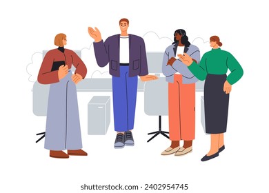 Employees colleagues at workplace. Business communication. Office workers discussion. Staff greeting new coworker, talking to trainee. Flat graphic vector illustration isolated on white background