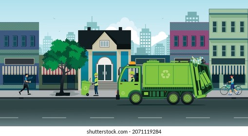 Employees collect garbage from various shops in the city.