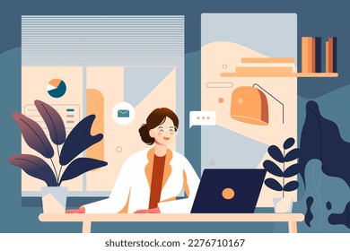 Employees communicate in the office, the background is the office and plants, vector illustration