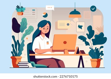 Employees communicate in the office, the background is the office and plants, vector illustration