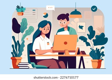 Employees communicate in the office, the background is the office and plants, vector illustration