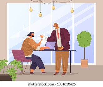 Employees are communicating and working together. Teamwork and brainstorming in the office. Staff are studying financial data on the computer. Guys are discussing a document and doing paper work