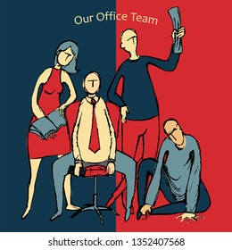 Employees of the company are discussing with the director. Brainstorming meeting. Office team. Sketch with a limited color range. Vector illustration