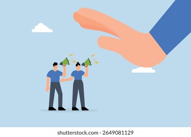employees of company shout big negative hand to managers with megaphone.