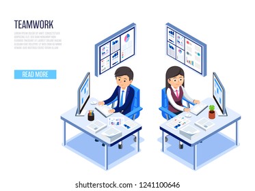 Employees of the company who work together as a team. Teamwork office concept.