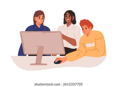 Employees with computers looking at screens and together working with projects. Vector isolated man and women at workplace, office atmosphere of workers. Managers and secretaries by desk