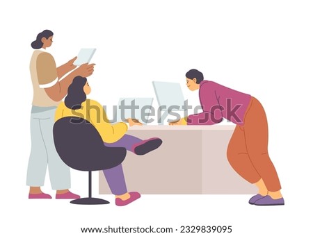 Employees with computers looking at screens and working with projects. Isolated men and women at workplace, office atmosphere of workers. Managers and secretaries by desk. Vector in flat style