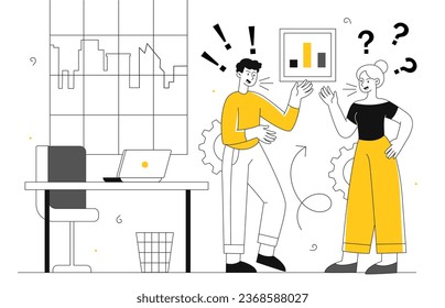 Employees conflict line concept. Man and woman screaming at each other. Miscommunication among workers. Poor atmosphere and work organization. Conflict and quarrel. Linear flat vector illustration