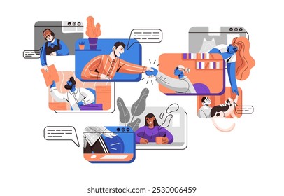 Os funcionários conversam por videoconferência. Amigos conversam por chamada on-line em reunião digital na internet. Conceito de comunicação à distância, trabalho remoto da equipe. Ilustração de vetor isolado plano em branco
