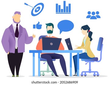 Employees cooperating, doing business work together in office. Businesspeople sitting with laptops, surfing internet. Targeting team works with strategy planning for development, increasing profit