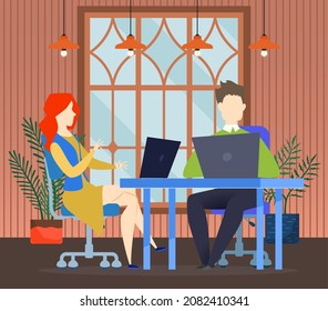 Employees cooperating, doing business work together. Businesspeople sitting with laptops, surfing internet. Team of managers uses computers, modern technologies. Interior design of workplace, office