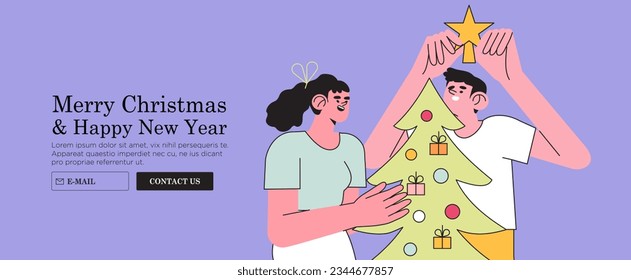 Employees or couple decorate christmas tree together with garland and baubles. Christmas and new year banner, greeting card, web page. Characters celebrate winter holidays and x-mas at home or office.