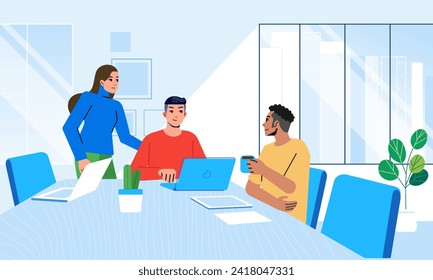 Employees coworkers team works discuss project generate ideas at modern startup office vector illustration flat