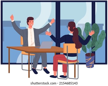 Employees in coworking open office vector illustration. Woman and man colleagues raising hands, rejoysing at workplace. Corporate workers using laptop. Happy smiling female and male coworkers