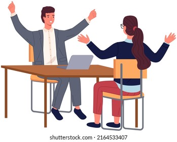 Employees in coworking open office vector illustration. Woman and man colleagues raising hands, rejoysing at workplace. Corporate workers using laptop. Happy smiling female and male coworkers